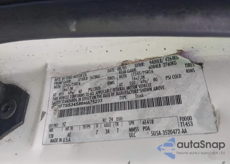 2006 Ford E-350 Super Duty Commercial/Recreational из США, поврежденный, VIN 1FTSS34S86HA75233